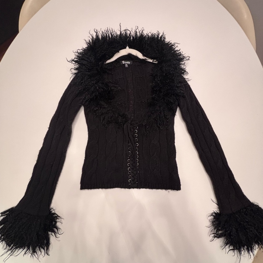 Dolls Kill Black Fuzzy Trim Cardigan